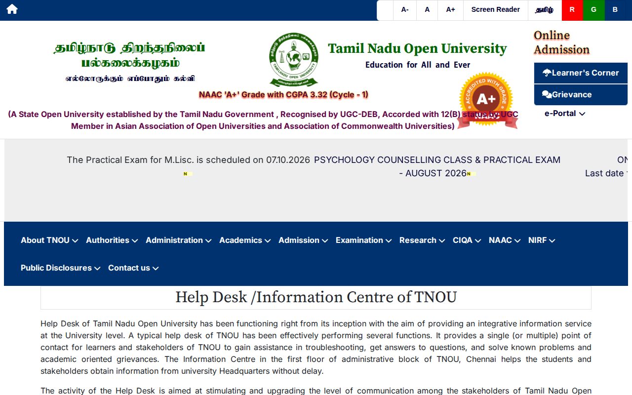 Official TNOU page on tnou.ac.in: log in to TNOU e-portal