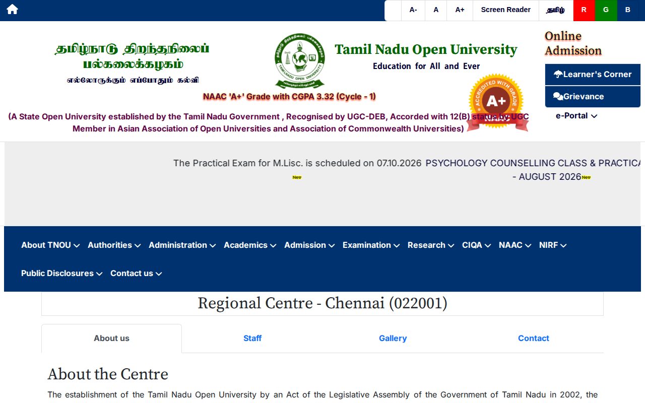 Official TNOU page on tnou.ac.in: check Chennai Regional Centre information