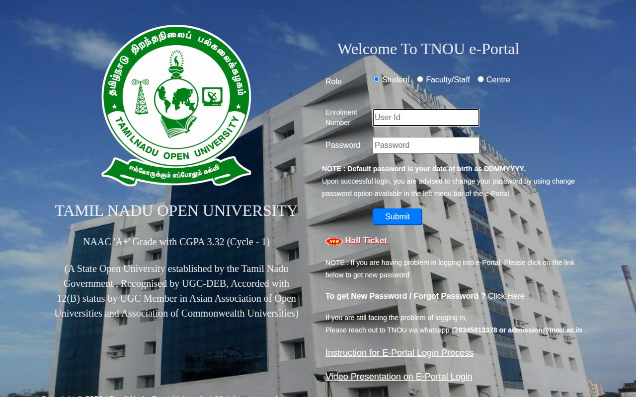 Official TNOU page on tnouportal.in: login to TNOU student assignment portal