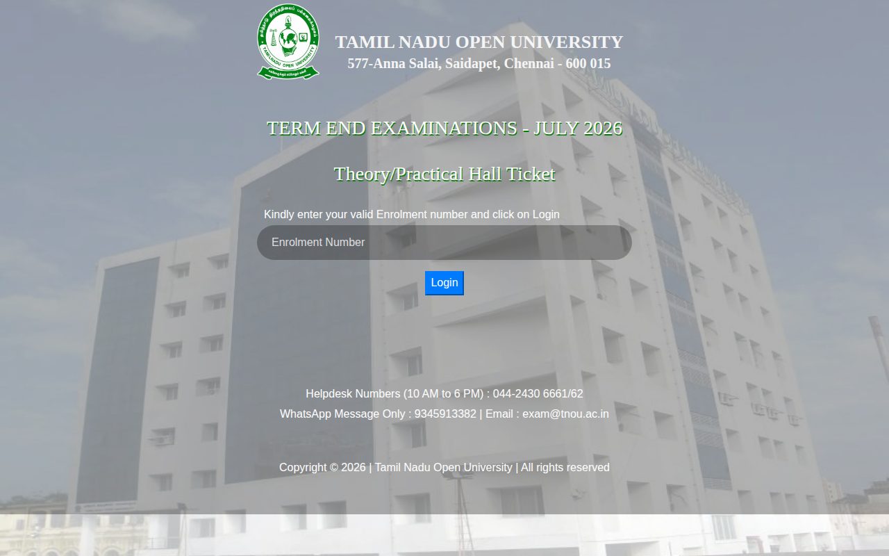 Official TNOU page on tnouportal.in: download exam hall ticket