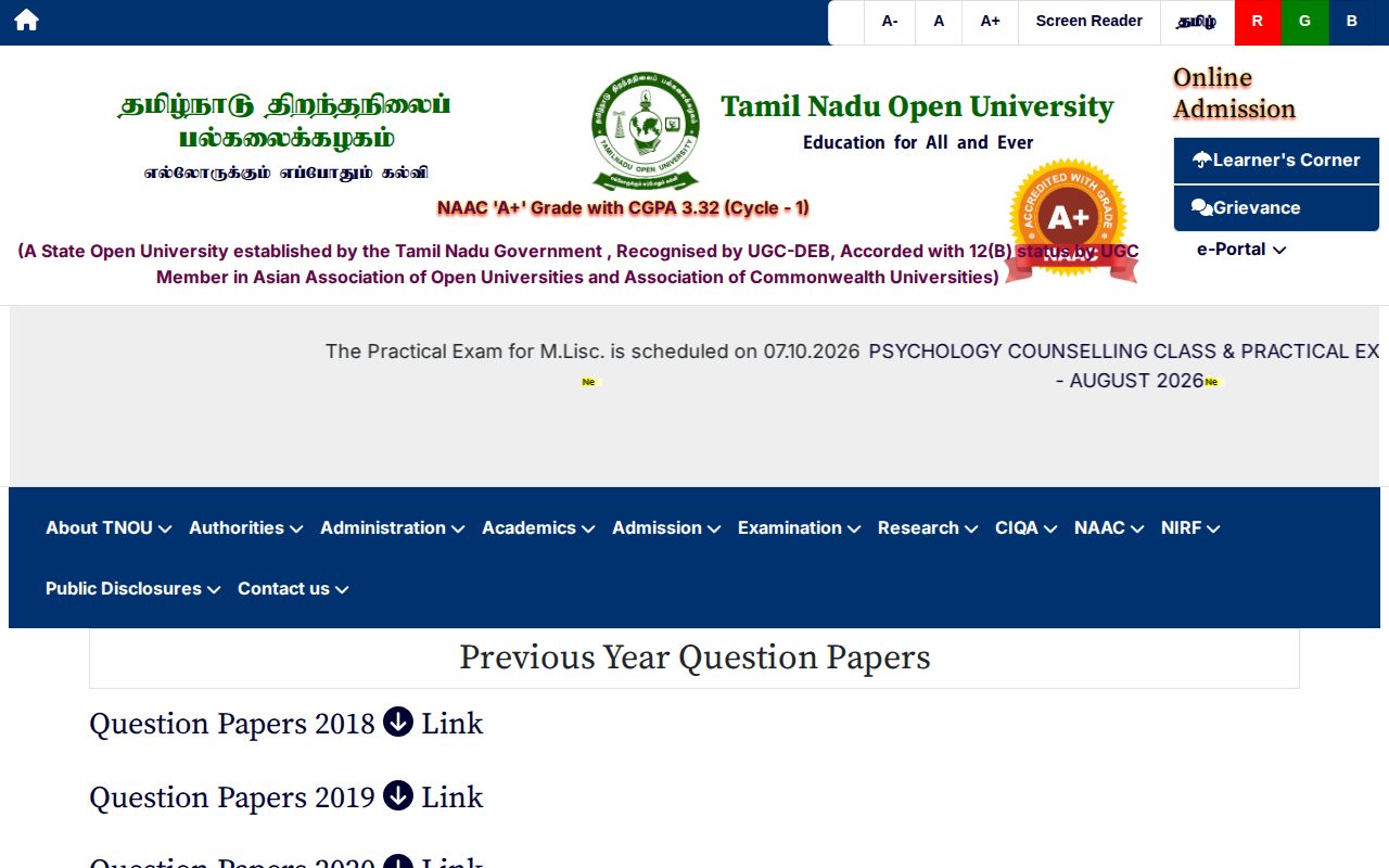 Official TNOU page on tnou.ac.in: access main TNOU question paper directory